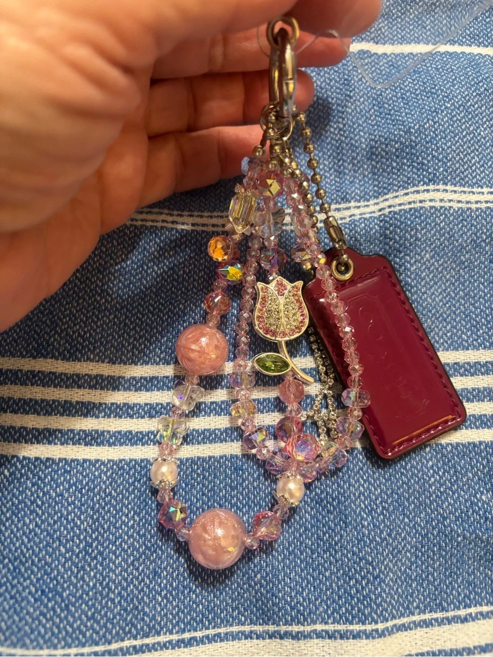 Coach hangtag with Pink and Burgundy Crystal Beaded Bag Charm with Tulip Accent - Picture 2 of 9
